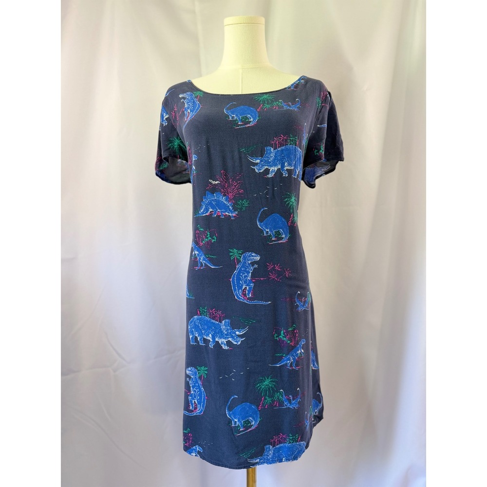 ModCloth Navy Blue Dinosaur Print Shift Dress Corset Back Pockets Size XL Indie